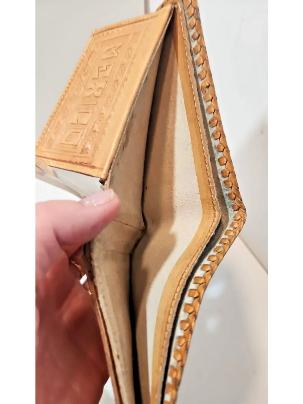 Wallet Bi Fold Hand Tooled Leather Embossed Aztec Stamped Mexico Brown